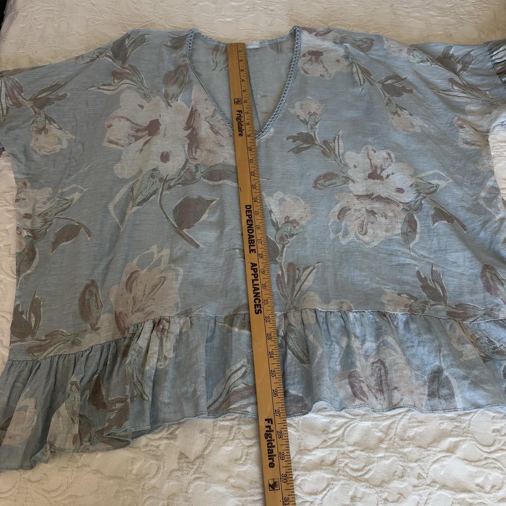 Made in Italy 100% Linen Floral Tunic Top 4X Blue Boho Ruffle Plus Women Read - Picture 8 of 9